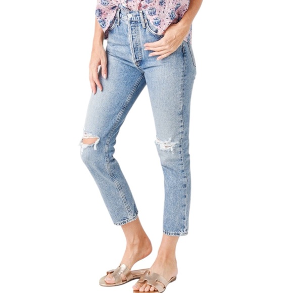 Agolde Denim - Agolde Riley High Rise Light Blue Denim Straight Crop Button Fly Jeans Size 27